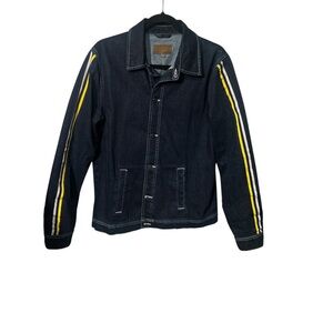 Osos, Men's Black Denim Jacket with Yellow  and White stripes. Motorcycle style.